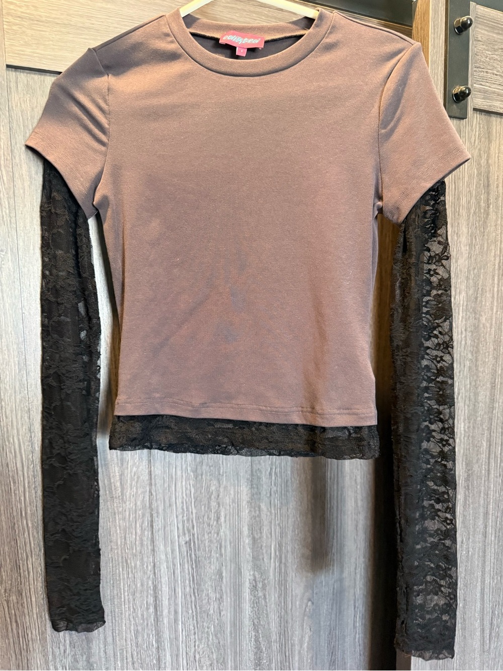 Edikted Short-Sleeve Tee with Black Lace Long Sleeves